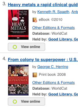 Two ebooks in library catalog search results.