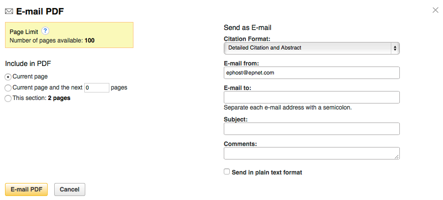 The ‘E-mail Pages’ feature shows you how many pages you can export, lets you select which pages you’d like to export, and lets you fill in emailing information.